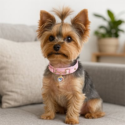 yorkshire sur fauteuil avec collier pour chien rose