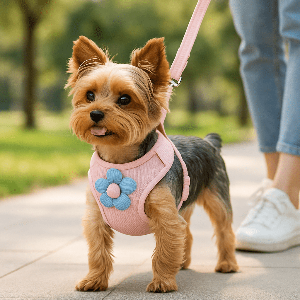 yorkshire tenu en laisse avec harnais pour petit chien rose